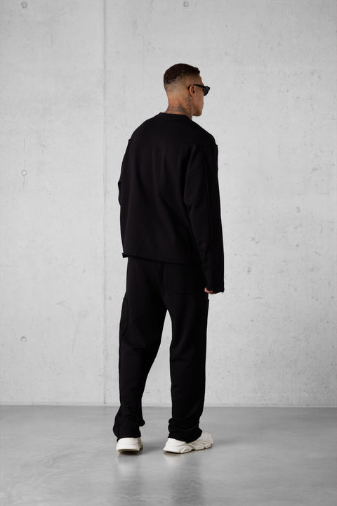 BLACK APPLIQUÉ DISTRESSED OVERSIZED SWEATER