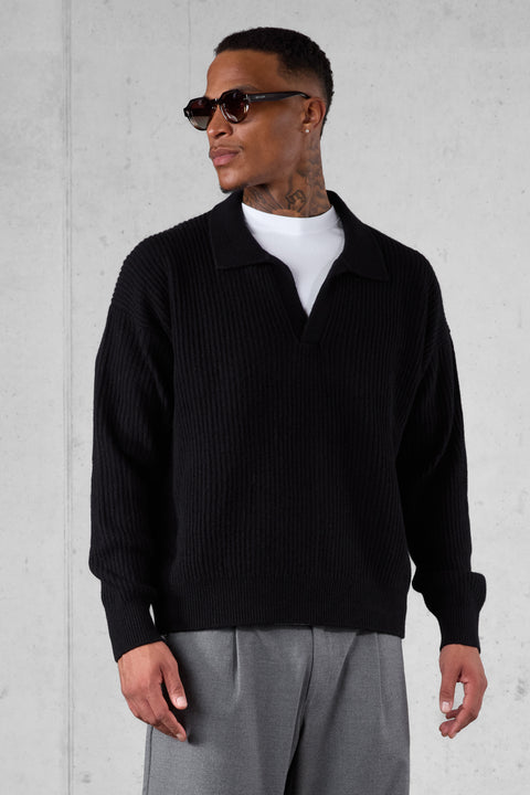BLACK OVERSIZED KNIT POLO SWEATER