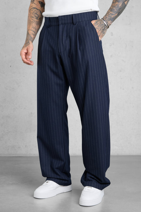 NAVY PINSTRIPE WIDE TAILORED PANTS