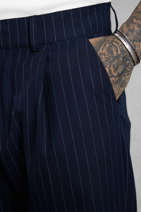 NAVY PINSTRIPE WIDE TAILORED PANTS