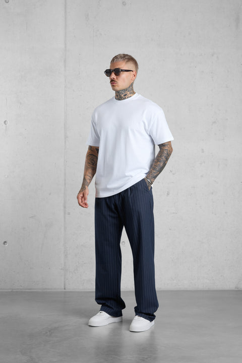 NAVY PINSTRIPE WIDE TAILORED PANTS