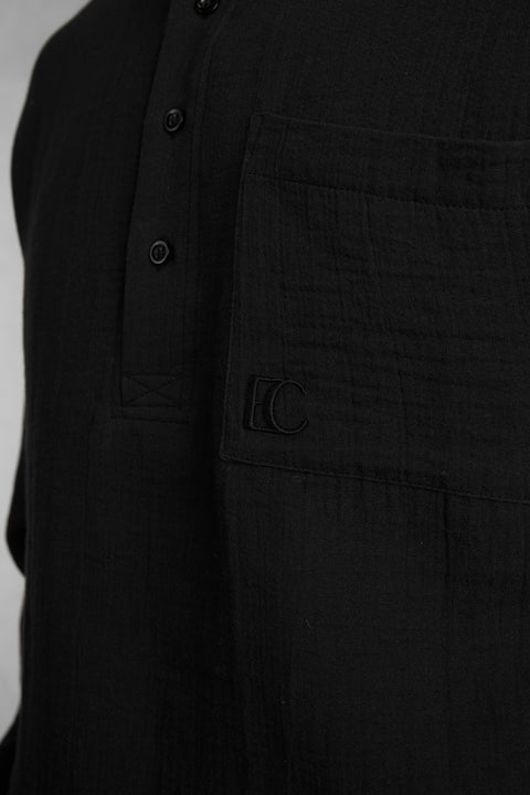 BLACK MUSLIN HENLEY OVERSIZED SHIRT