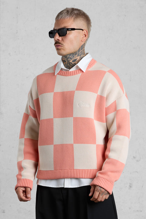 SALMON CHECKERED KNIT SWEATER