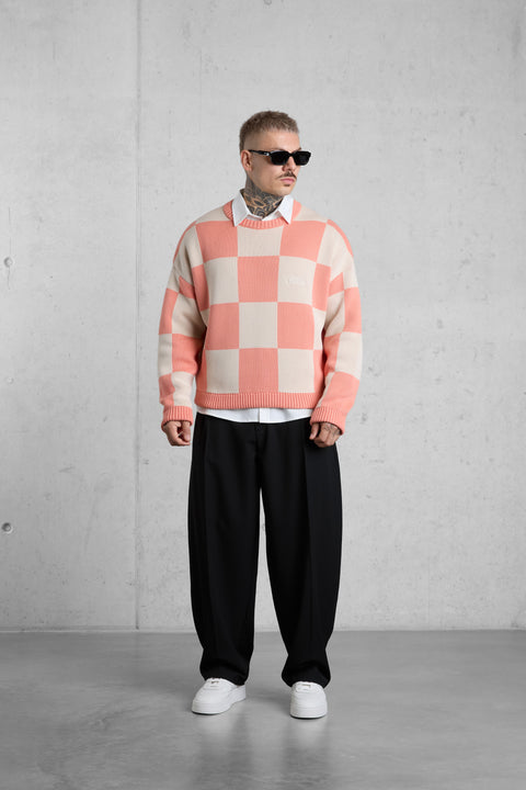 SALMON CHECKERED KNIT SWEATER
