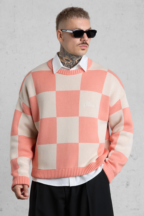 SALMON CHECKERED KNIT SWEATER