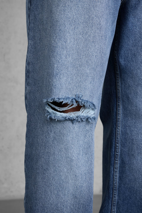 WASHED BLUE DESTROYED LOOSE JEANS