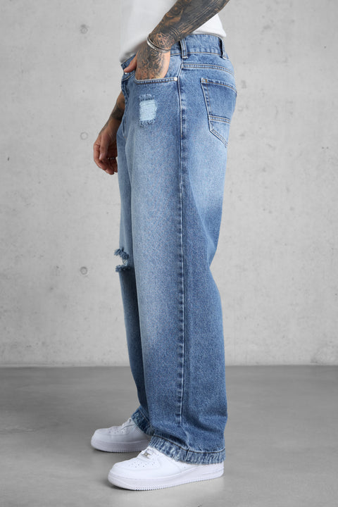 WASHED BLUE DESTROYED LOOSE JEANS