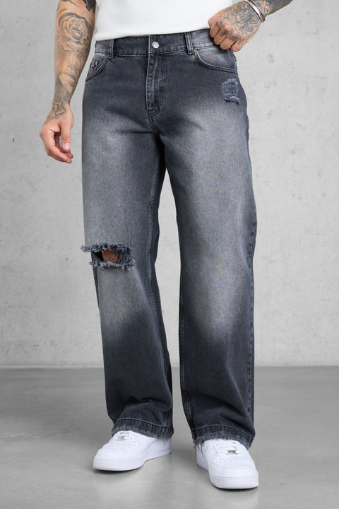 WASHED GREY DESTROYED LOOSE JEANS