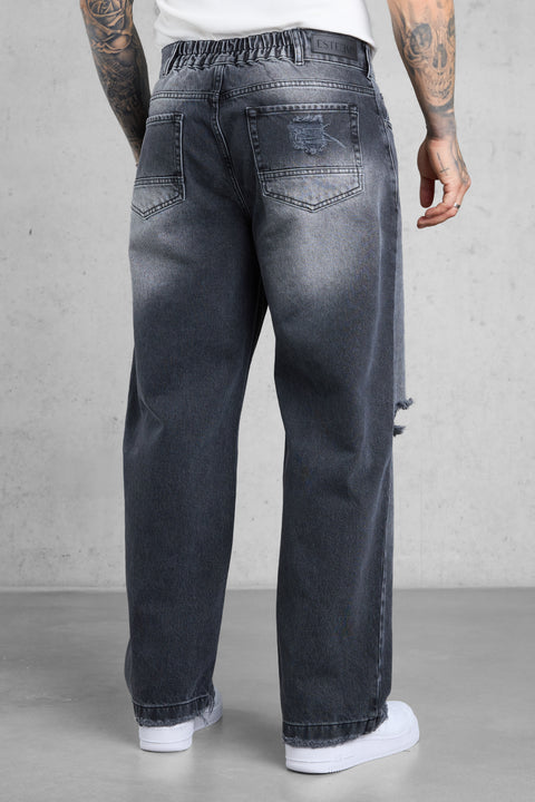 WASHED GREY DESTROYED LOOSE JEANS