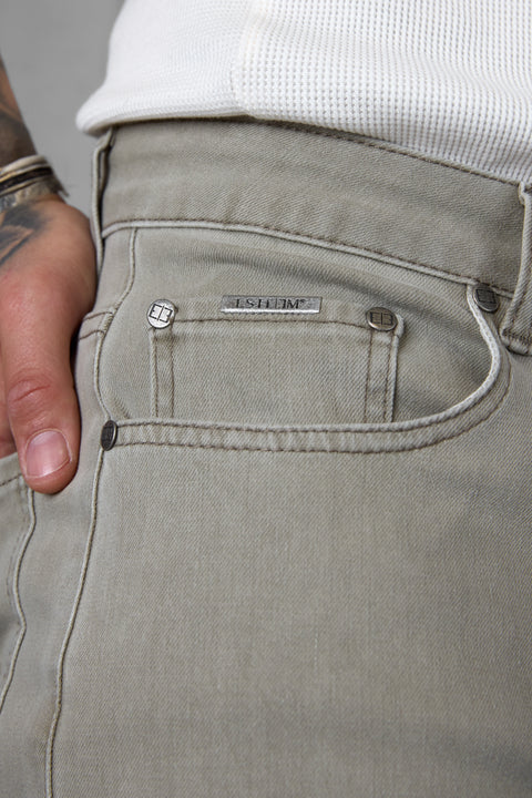 WASHED OLIVE DESTROYED STRAIGHT JEANS