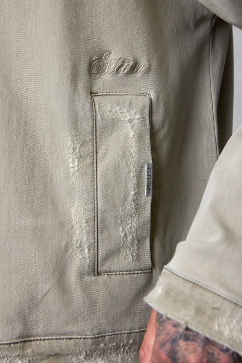 WASHED OLIVE DESTROYED JEANS JACKET