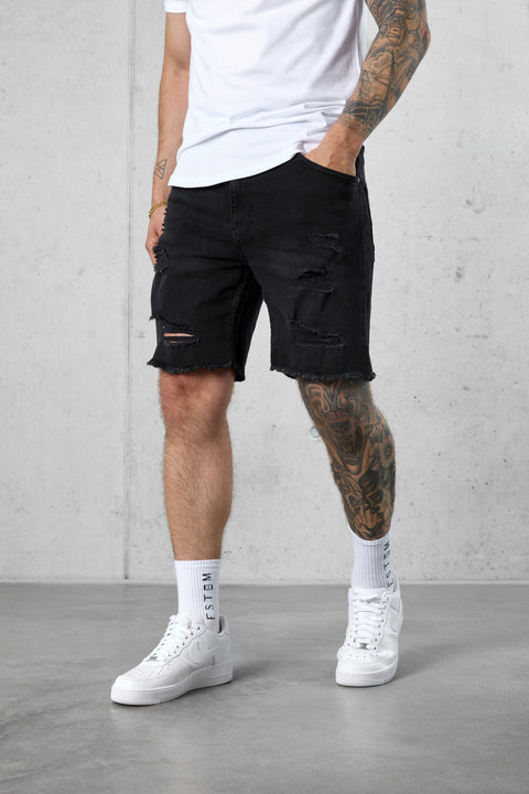 WASHED BLACK DESTROYED JEANSSHORTS